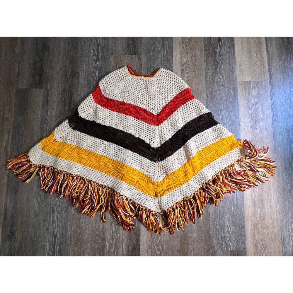 Homemade Crochet Poncho Womens OS‎ Multi Color Striped Fringe Boho Vintage 70s